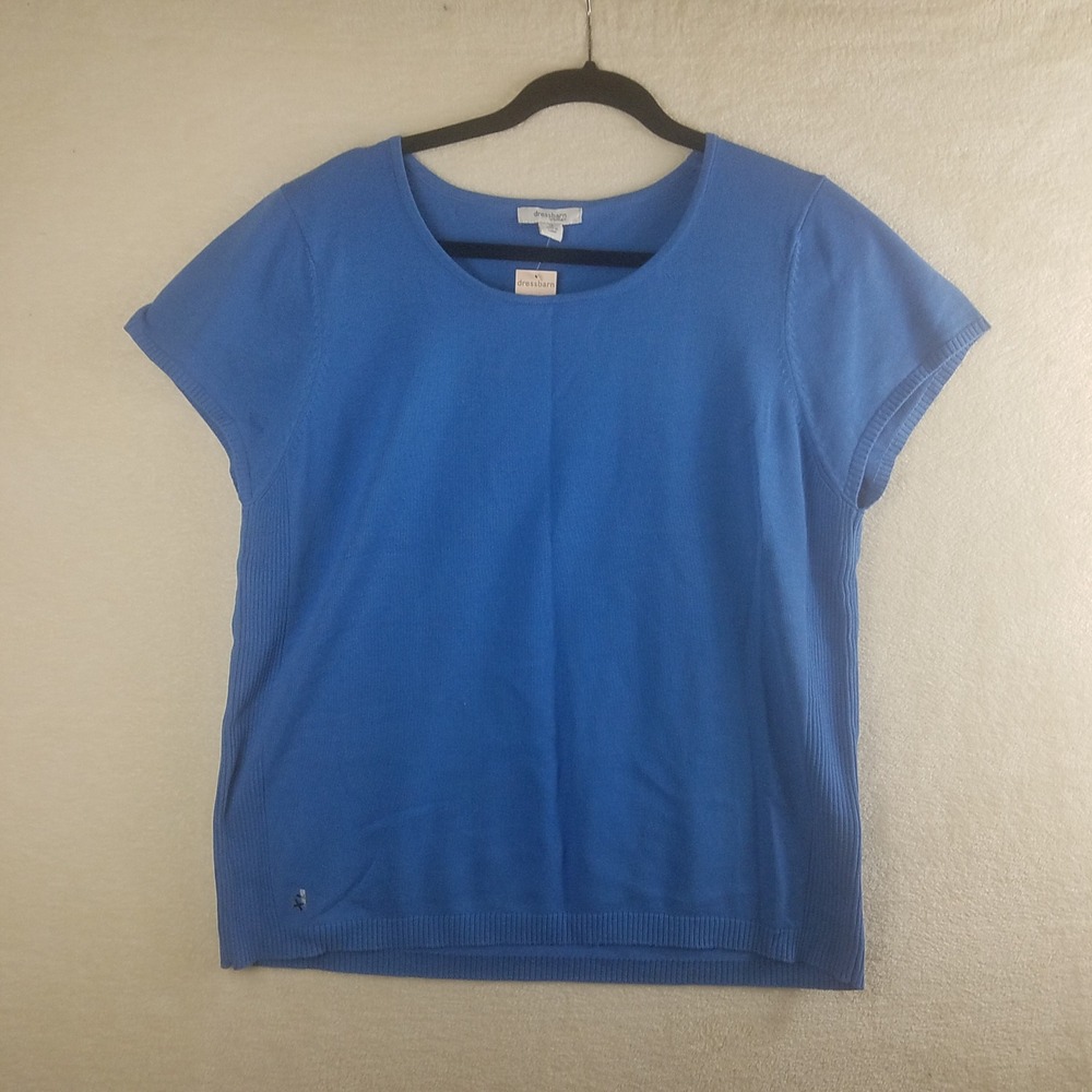 Dressbarn Woman Blue Short Sleeve Scoop Neck Ribbed Side Knit Sweater Top 1X NWT